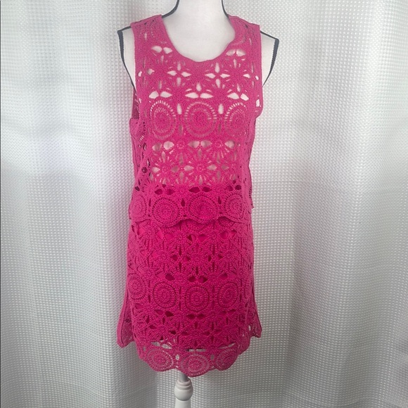 Caroline Constas 2 Piece Crocheted Set Skirt & Top Hot Pink Vacation Cruise Sz S - Picture 1 of 11